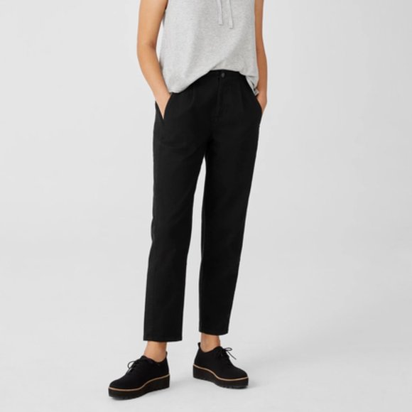 NWT Eileen Fisher Tapered Ankle Pants with Pleats - Organic Black Cotton Denim